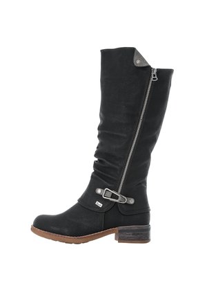 Black, knee-high leather boots with a zip side, buckle accent, and textured finish. Features a stacked heel and rounded toe.