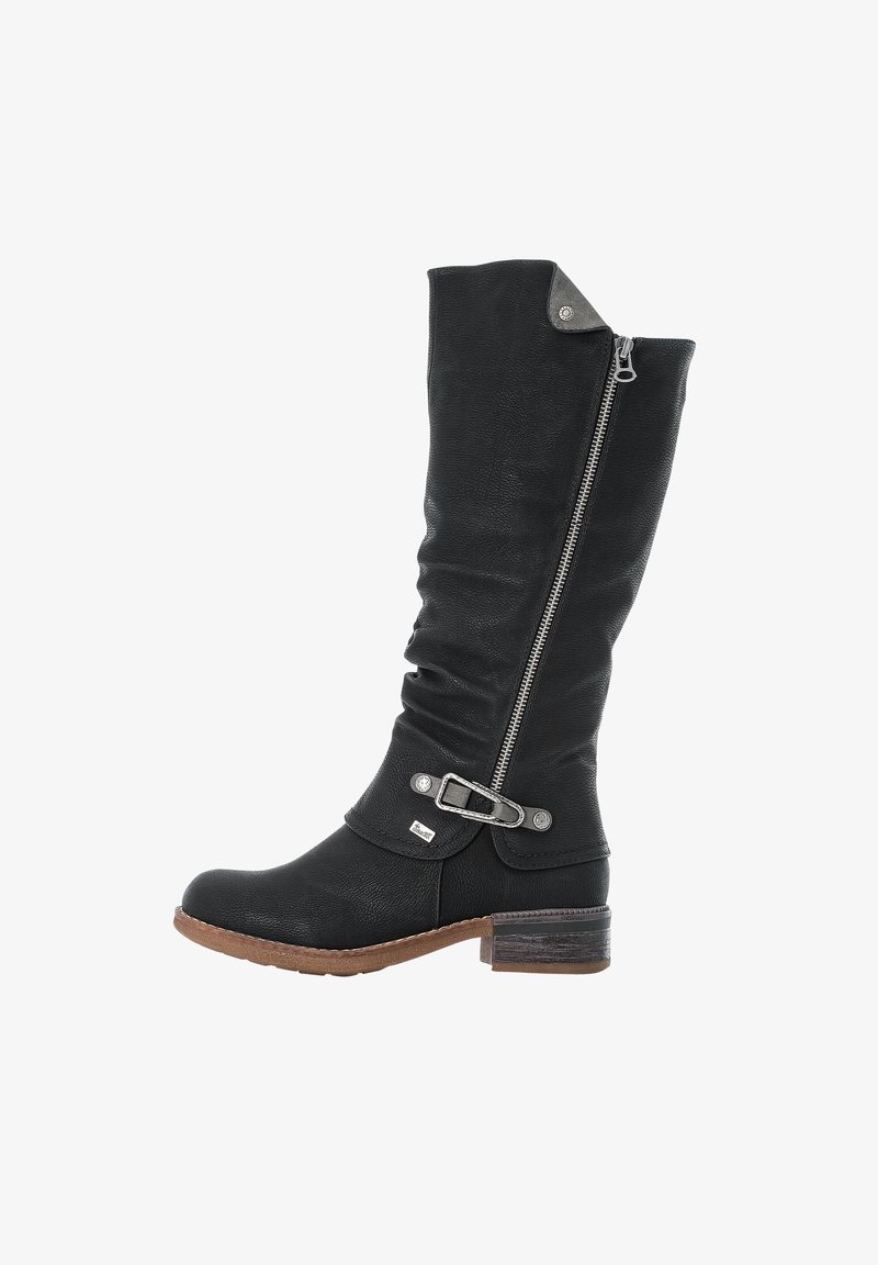 Black, knee-high leather boots with a zip side, buckle accent, and textured finish. Features a stacked heel and rounded toe.