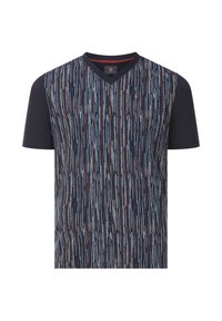 Baumwoll-T-Shirt mit kurzen Ärmeln in Navy, das ein vertikal gestreiftes Muster in Hellblau und Rot aufweist, mit V-Ausschnitt und schlichten Ärmeln.