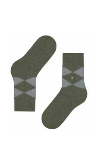 Grüne Socken mit gerippter Textur, die ein Rautenmuster in Grau aufweisen. Mit einem kleinen dekorativen Akzent.