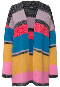 Färgglad öppen cardigan med horisontella ränder i rosa, gult, blått, grått och lila. Tillverkad av ett texturerat, mjukt tyg.
