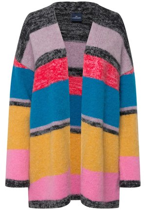 Colorful open cardigan featuring horizontal stripes in pink, yellow, blue, gray, and purple. Made from a textured, soft fabric.