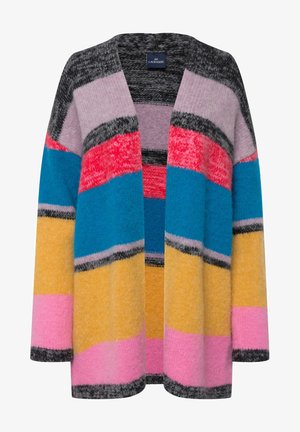Farverig åben cardigan med vandrette striber i pink, gul, blå, grå og lilla. Lavet af et tekstureret, blødt stof.