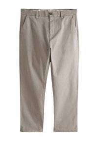 Men's beige trousers in woven fabric, straight-leg design, featuring front pockets and a button closure. Smooth texture with clean seams.