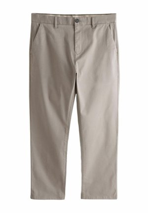 Férfi bézs nadrág szövetből, egyenes lábú kialakítással, elülső zsebekkel és gombos záródással. Simaszerkezet, tiszta varrásokkal.