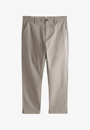 Meeste beeži püksid kudumiskangas, sirge lõikega, millel on eestaskud ja nööbikinnitus. Sile tekstuur ja puhtad õmblused.