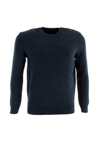 Maglione in lana azul navy con maniche lunghe, colletto rotondo e quattro bottoni sulla spalla sinistra. Polsini e orlo a coste. Texture liscia.