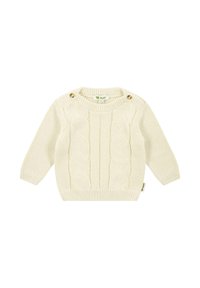 Cremefarbener Strickpullover mit Zopfmuster, langen Ärmeln, rundem Halsausschnitt und zwei goldfarbenen Knöpfen an der Schulter.