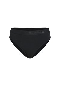 Culotte de bikini en tissu noire taille haute avec une large ceinture comportant un logo discret. Texture lisse et design ajusté, offrant une couverture complète.