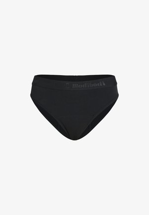 Schwarze, hochgeschnittene Bikinihöschen aus Stoff mit breitem Bund und dezentem Logo. Glatte Textur und taillierte Passform für vollständige Abdeckung.