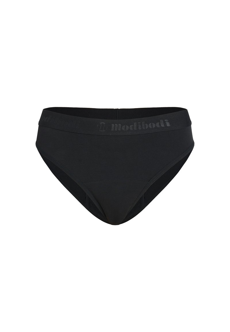 Culotte de bikini en tissu noire taille haute avec une large ceinture comportant un logo discret. Texture lisse et design ajusté, offrant une couverture complète.