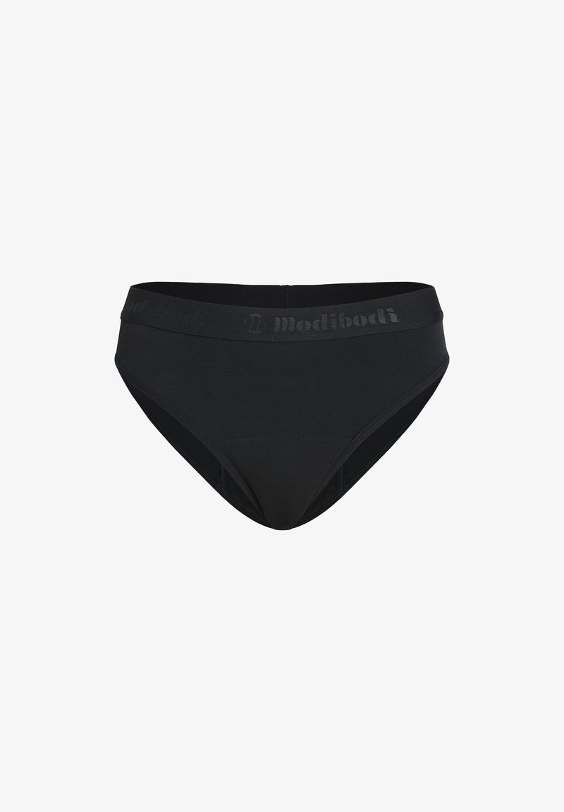 Culotte de bikini en tissu noire taille haute avec une large ceinture comportant un logo discret. Texture lisse et design ajusté, offrant une couverture complète.