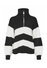 Sweter w czarno-białe paski z wysokim kołnierzem i zamkiem z przodu, wykonany z teksturowanego, grubo plecionego materiału oraz z szerokimi rękawami.