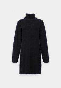 Robe noire en tricot avec col roulé, manches longues, texture côtelée, fentes latérales et un petit logo accentué au niveau de l'ourlet.