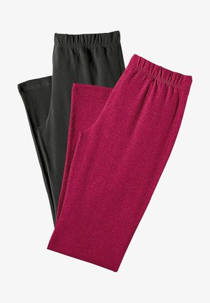 Zwei Paar Leggings: eine schwarze und eine dunkelrosa. Beide haben einen elastischen Bund und eine glatte, baumwollähnliche Textur.