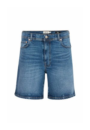 Plave traper hlače kratke s prednjim džepovima, petljama za pojas i kopčanjem na gumb, s laganim izblijedjenjem i detaljima šivanja.