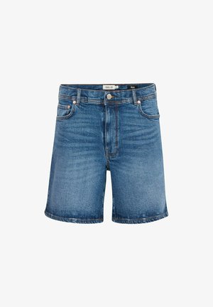 Sinine denim lühikesed püksid ees olevate taskutega, vöökohaga ja nööbiga sulgemine, kergelt tuhmumise ja õmbluste detailidega.