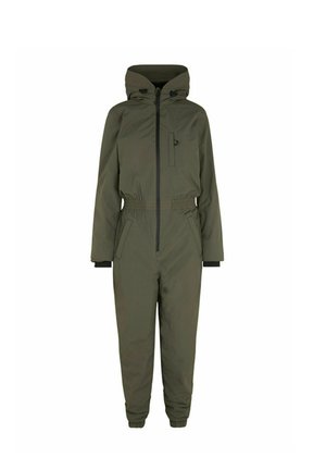 Green insulated jumpsuit with a hood, elastic waist, and zippered front. Features black cuffs and a chest pocket for added utility.