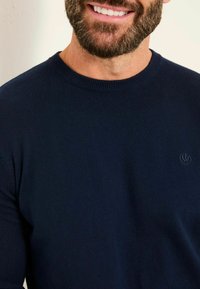 Navy blue pullover sweater made of soft knit fabric with a round neckline and a small logo on the chest. Smooth texture, fitted design.