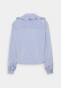 Camicia a maniche lunghe azzurro chiaro con pois neri, caratterizzata da un colletto arricciato e polsini arricciati. Tessuto morbido, design informale.