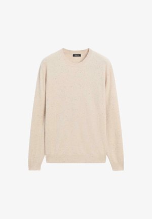 Light beige sweater made from a soft fabric, features a crew neckline, long sleeves, and speckled texture throughout.