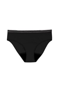 Culottes pour femmes noires avec une texture lisse, ornées d'une bordure en dentelle le long de la ceinture et une coupe standard pour le confort et l'ajustement.