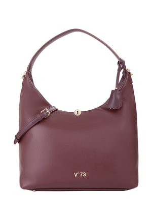 Bolso de hombro de cuero burdeos con correa ajustable, hebilla dorada, pequeño detalle de cierre y logo V°73 en el frente.