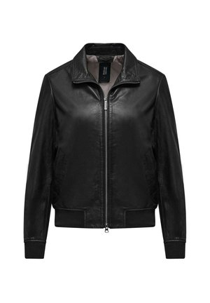 Giacca bomber in pelle nera con chiusura a zip, polsini a coste e tasche laterali. Texture liscia con un design del colletto classico.