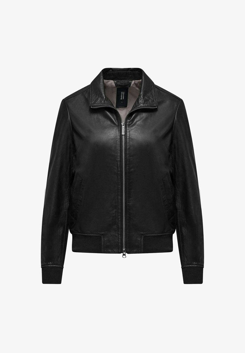 Zwarte leren bomberjack met een ritssluiting, geribbelde manchetten en zijzakken. Soepele textuur met een klassiek kraagontwerp.