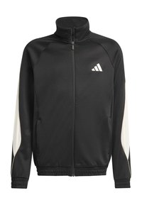 Schwarze Sportjacke mit durchgehendem Reißverschluss, weißen Seitenpartien, elastischen Bündchen und einem kleinen weißen Adidas-Logo auf der linken Brust.