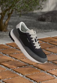 Low-top grey and black Calvin Klein sneaker with white laces floating above wooden block and pebble pathway outdoors.