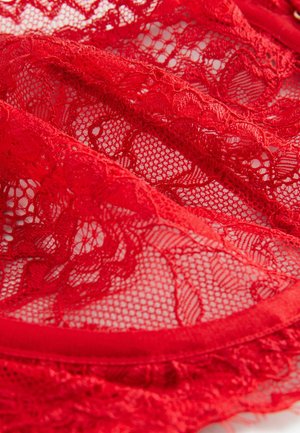 Rode kantstof met bloemenpatronen en open gaasgedeelten, voorzien van satijnen bies langs de randen voor extra textuur en detail.