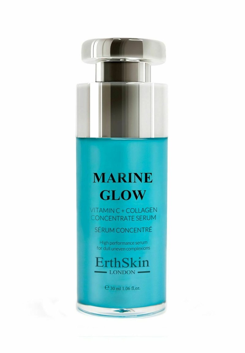 Butelka serum w kolorze turkusowym z metalową srebrną nakrętką, oznaczona napisem "MARINE GLOW" z informacjami o produkcie, elegancki cylindryczny kształt, pojemność 30 ml.
