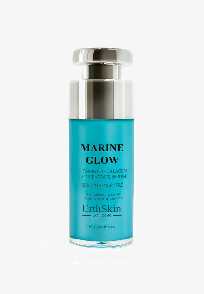 Butelka serum w kolorze turkusowym z metalową srebrną nakrętką, oznaczona napisem "MARINE GLOW" z informacjami o produkcie, elegancki cylindryczny kształt, pojemność 30 ml.