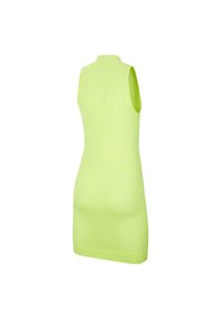 Bezramenné neonově žluté bodycon šaty s vysokým límečkem, zobrazené zezadu na bílém pozadí.