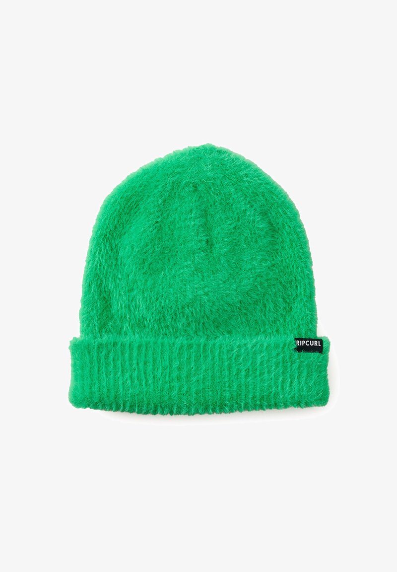 Grøn hue lavet af fuzzy materiale med en ribbet manchet. Har et lille sort mærke med hvid tekst på siden.