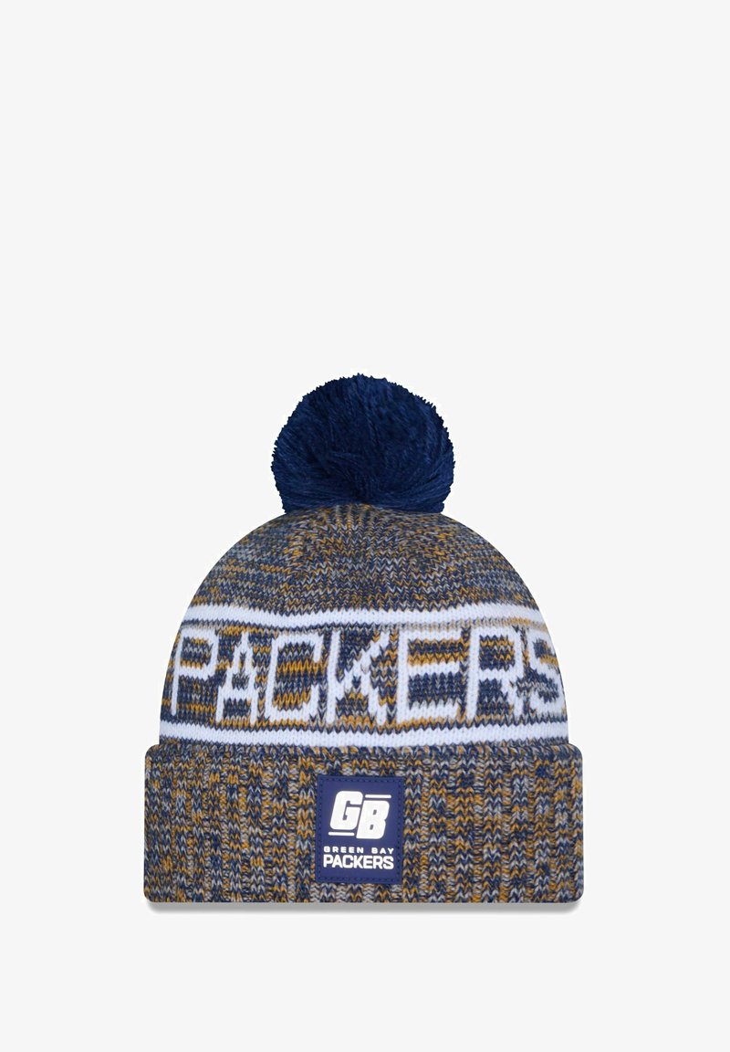 Knit beanie in navy, gold, and white with a pom-pom on top. Features "PACKERS" and "GB" logos in contrasting styles on the cuff.