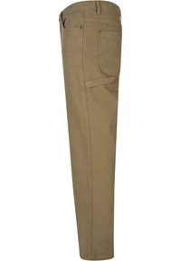 Pantalons beige à coupe droite, en coton, avec une seule poche arrière, des passants de ceinture et une texture lisse.