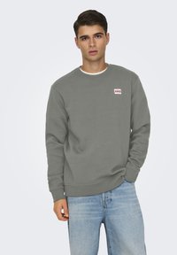Joven con sudadera gris de cuello redondo con un pequeño parche rojo y blanco, combinado con jeans azul claro, de pie frente a un fondo liso.