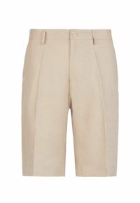 Beige Leinen-Shorts mit lockerem Schnitt, vorn mit Falten, seitlichen Taschen und Knopfverschluss. Glatte Textur mit maßgeschneidertem Aussehen.