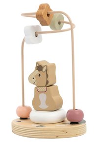 Wooden stacking toy featuring a horse figure with a beige and brown design, circular beads in pink, black, and white on a round base.
