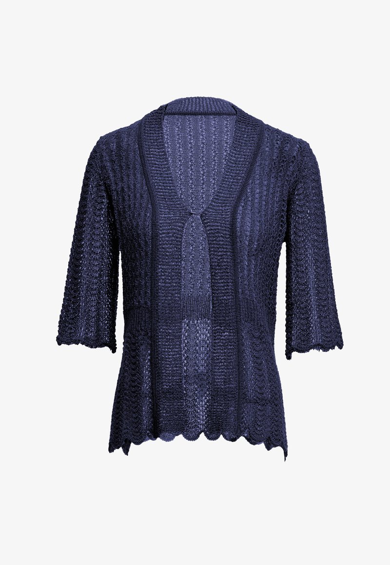 Cárdigan de punto azul marino con escote en V, mangas cortas acampanadas, dobladillo ondulado y patrón texturizado en toda la prenda.