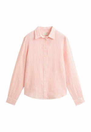 Lichtroze en witte, verticaal gestreepte blouse met lange mouwen, knopen, kraag, manchetten en een borstzakdetail.