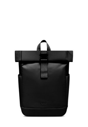 Black roll-top backpack made of smooth, waterproof material. Features adjustable strap, logo detailing, and side pockets for storage.