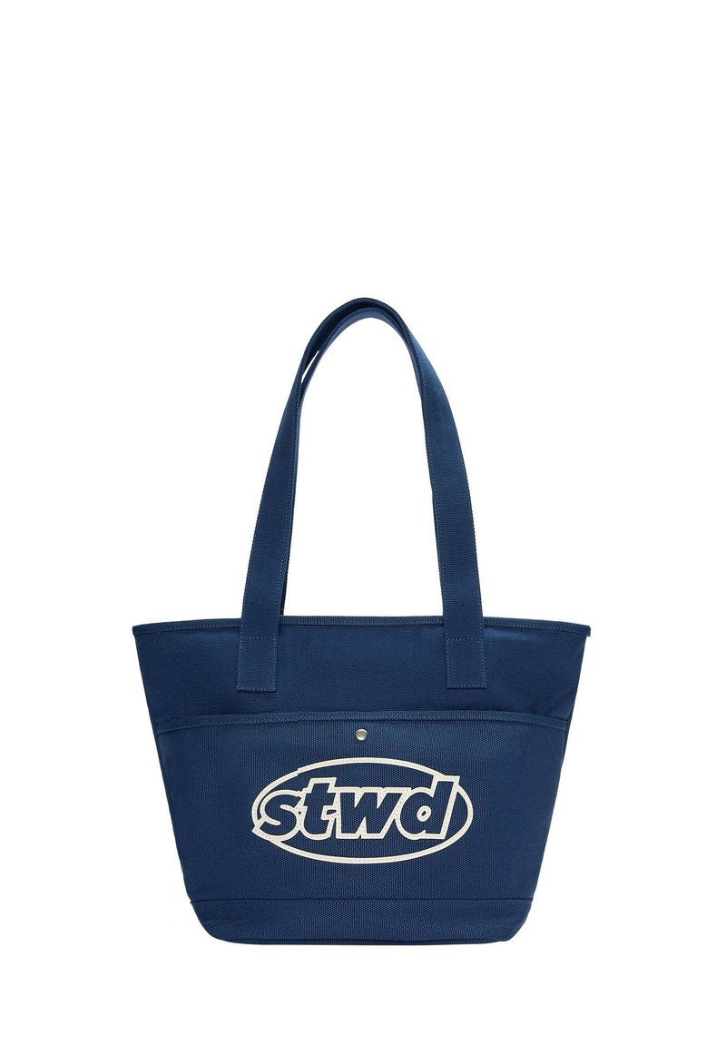 Borsa a tracolla in tela blu navy con due manici corti, con un logo bianco "stwd" di forma ovale centrato sul davanti.