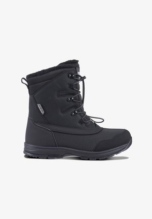 Black winter boot featuring a textured upper, lace-up design, insulated lining, and a rugged sole for traction. Soft fur trim at the top.