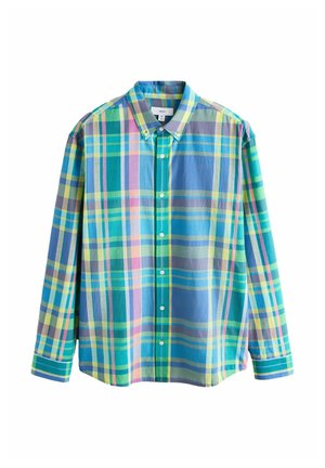 Langärmliges Hemd mit Knopfleiste und mehrfarbigem kariertem Muster in Blau, Grün, Gelb, Lila und Rosa.