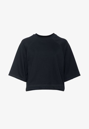 Schwarzes Cropped-Sweatshirt mit kurzen Raglanärmeln und rundem Ausschnitt, auf weißem Hintergrund präsentiert.
