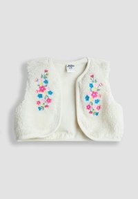 Krémová detská vesta so soft touch textúrou, ozdobená symetrickou ružovou, modrou a žltou kvetinovou výšivkou na predných paneloch.