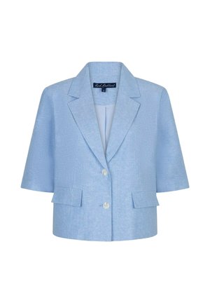 Lichtblauwe korte mouw blazer met inkeping revers, twee knopen aan de voorkant en twee klepzakken, maat small, linnen-achtig stoftextuur.